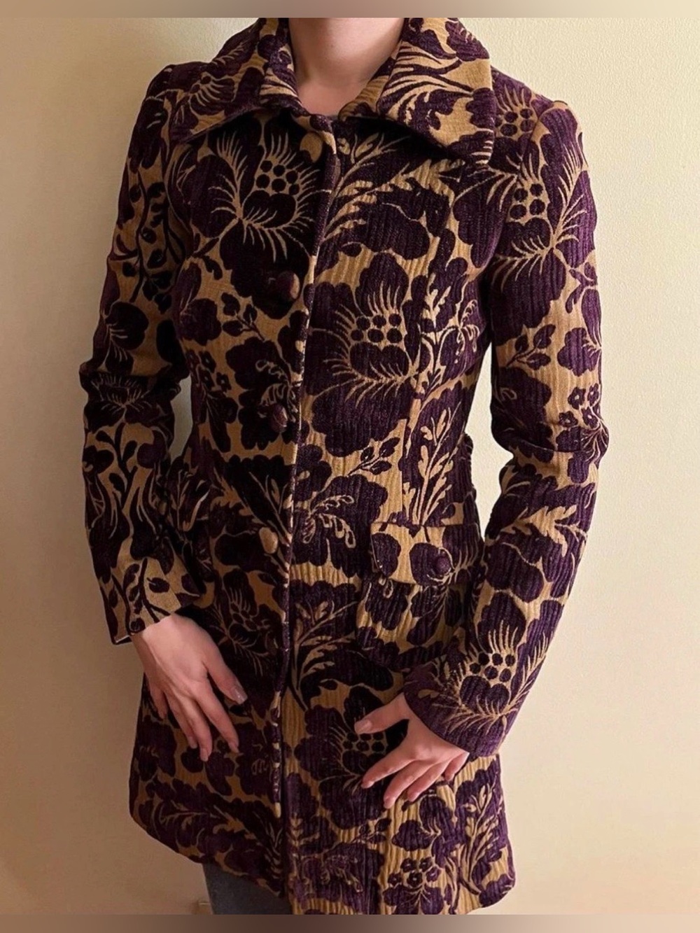 elevenses Vintage Purple and Gold Floral Brocade Coat